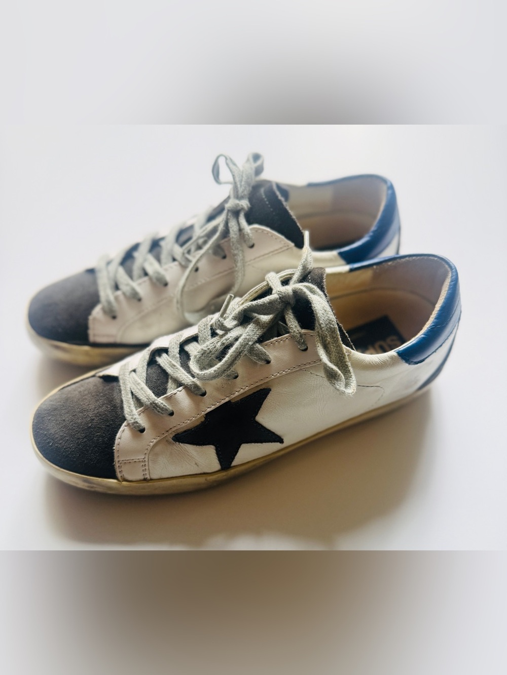Golden Goose White Leather Sneakers with Black Star and Blue Heel
